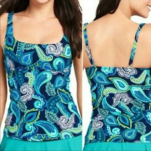 Lands' End Women's Pleat Tankini Deep Sea/Electric Blue Paisley 18W NEW 498264